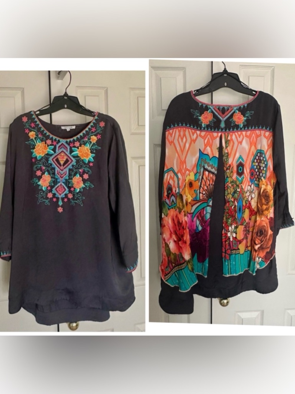 Embroidered Dark Grey Boho Tunic Top - John Mark Size L.